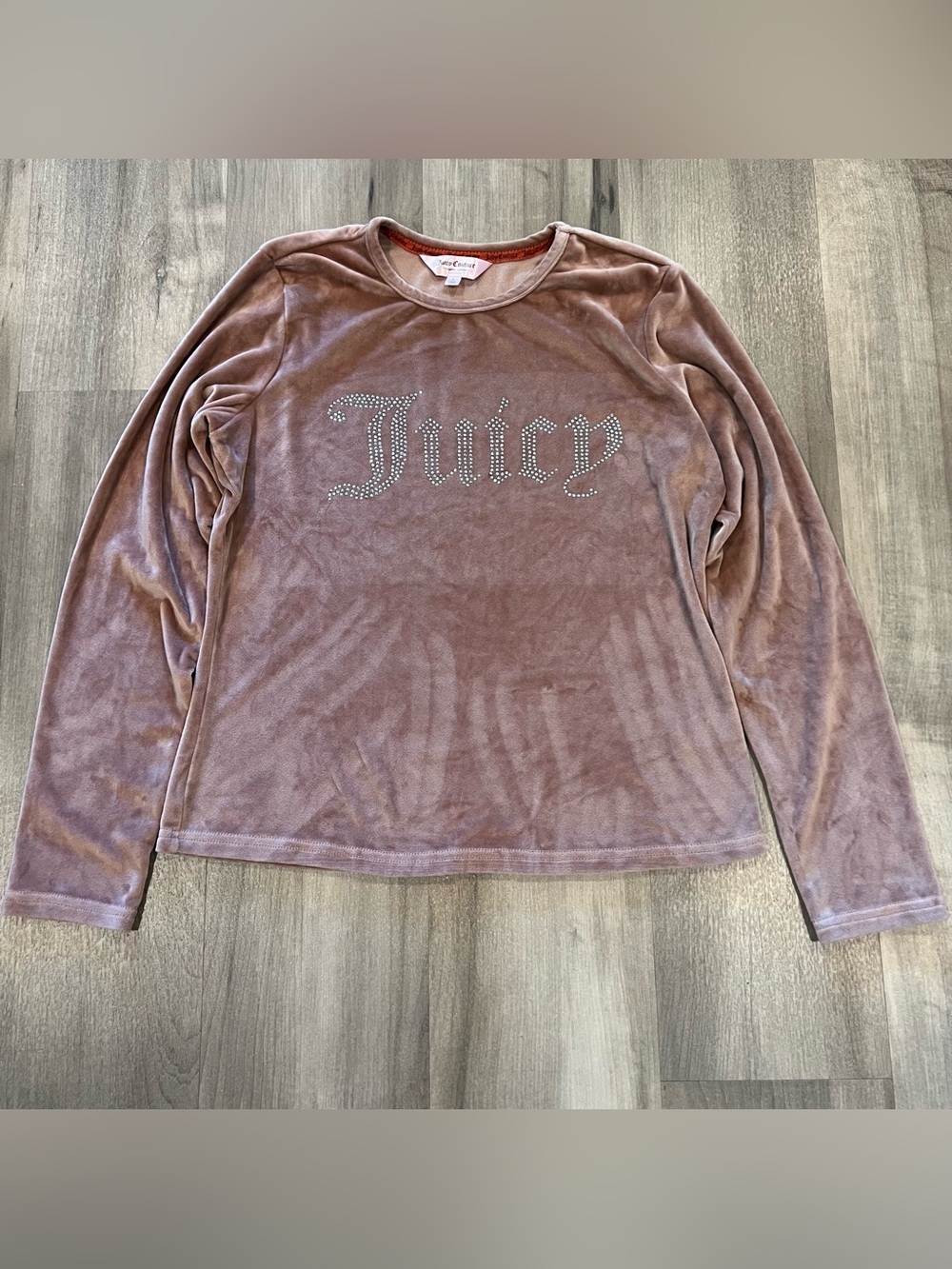 Juicy Couture Dusty Pink Velvet Long Sleeve Shirt Y2K Style Rhinestone Logo Size